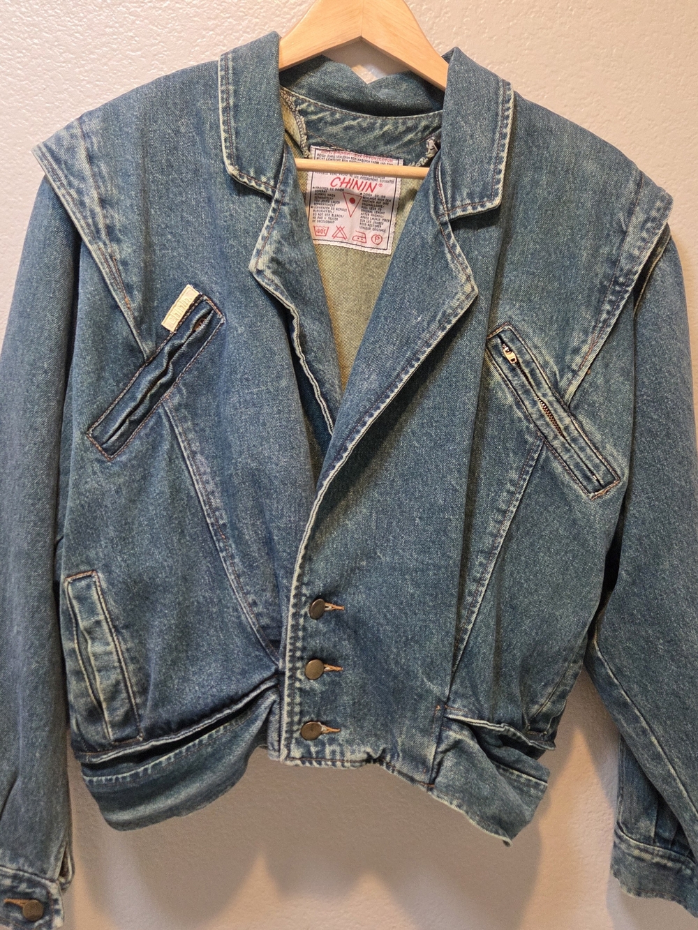 Vintage 80s Denim Jacket M Cropped Power Shoulder Y2K Moto Hong Kong
